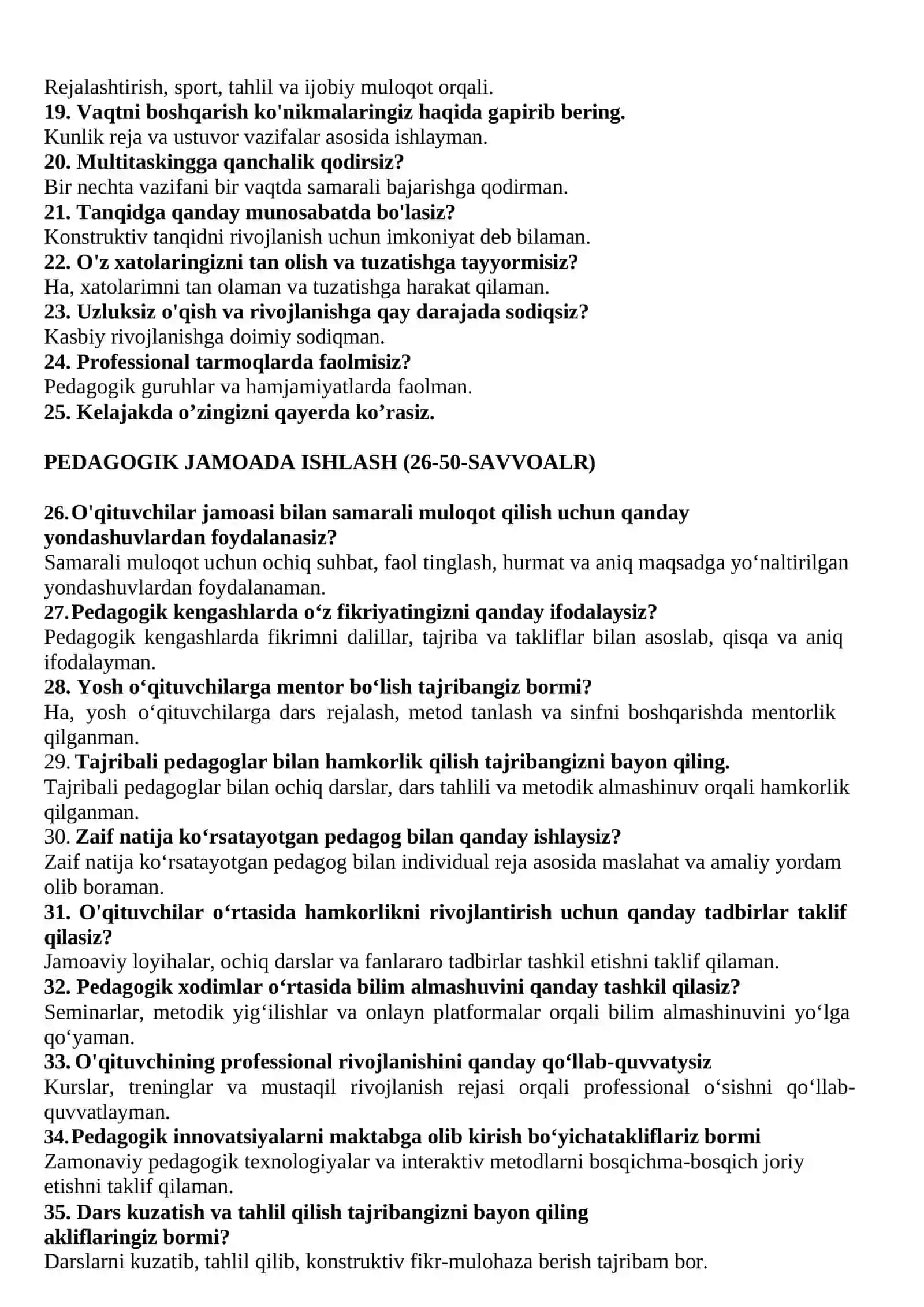 MAKTAB MASLAHACHISI SUHBAT SAVVOLARI: 50-TA JAVOBLARI BILAN 2