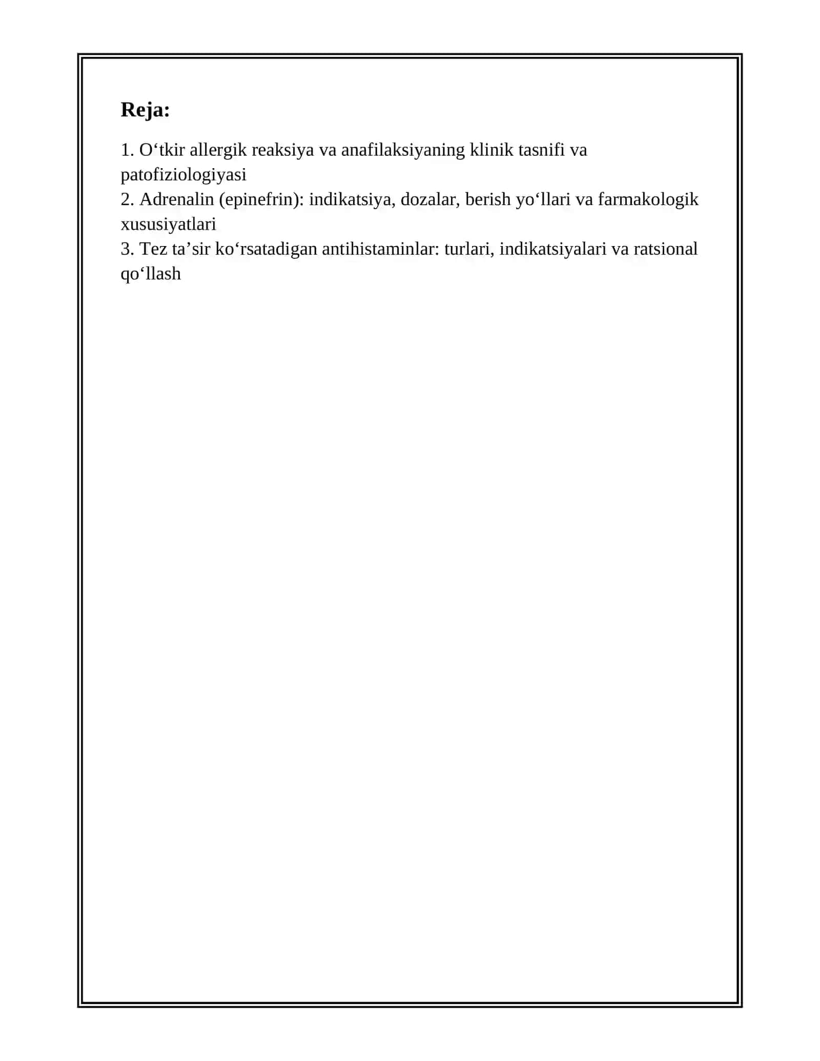 O'TKIR ALERGIYA HOLATLARIDA DORI VOSITALARINI RATSIONAL QOLASHGA KLINIK. FARMAKOLOGIK YONDASHUV 2