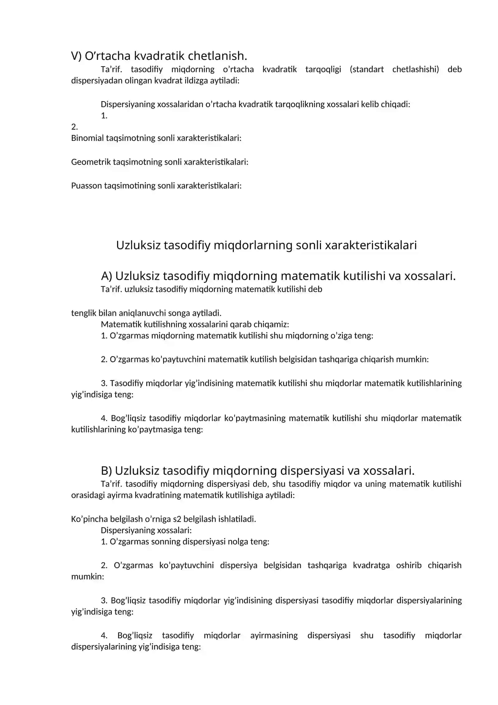 DISKRET VA UZLUKSIZ TASODIFIY MIQDORLAR VA ULARNING SONLI XARAKTERISTIKALARI 2
