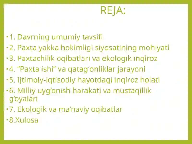 Oʻzbekistonda 1980–1990-yillardagi ijtimoiy-siyosiy vaziyat: paxta yakka hokimligi va qatagʻonliklar 2