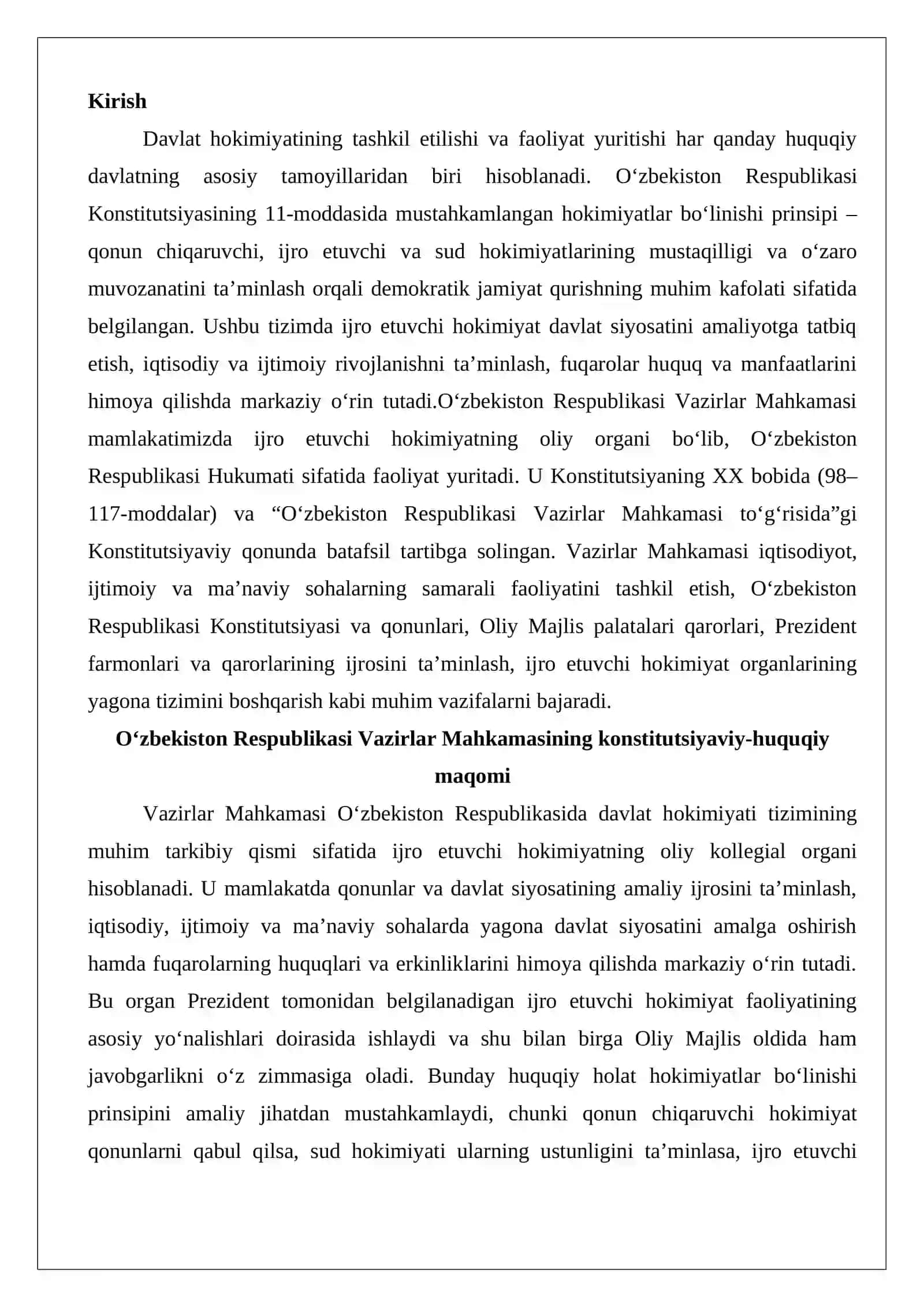 O‘zbekiston Respublikasi Vazirlar Mahkamasining hokimiyat tizimidagi o‘rni 2