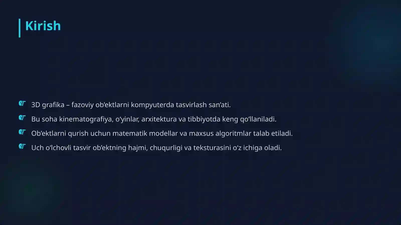 3 o‘lchovli grafik ob’ektlarni qurish usul va algoritmlari 2