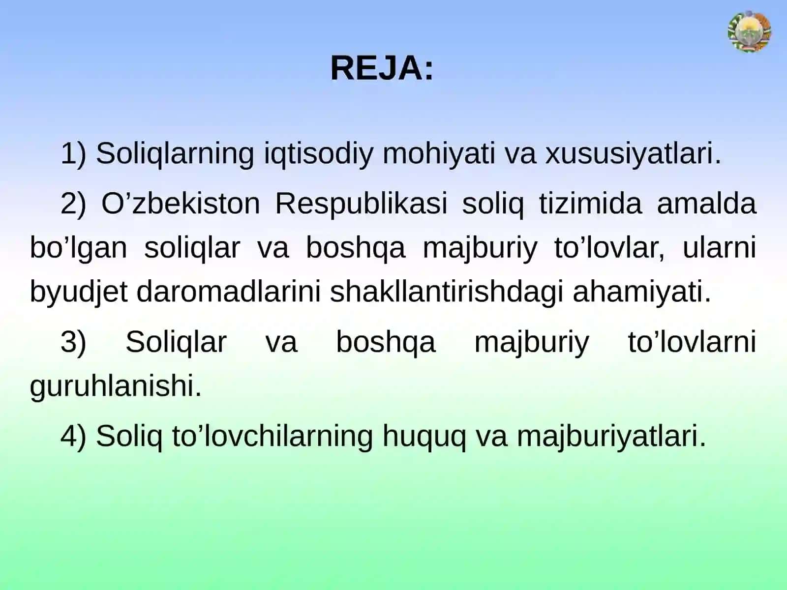 O’zbekiston Respublikasida amalda bo’lgan soliqlar va boshqa majburiy to’lovlar 2