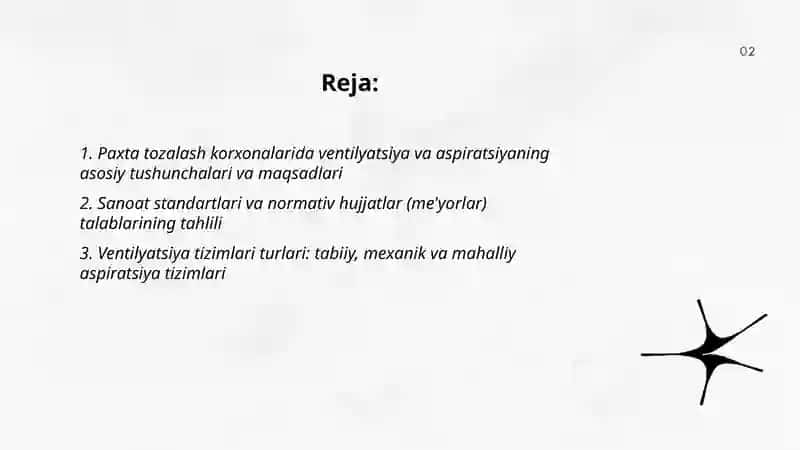 Paxta tozalash korxonalaridagi ventilyatsiya, aspiratsiya tizimlari haqida ma'lumotlar bilan tanishish 2