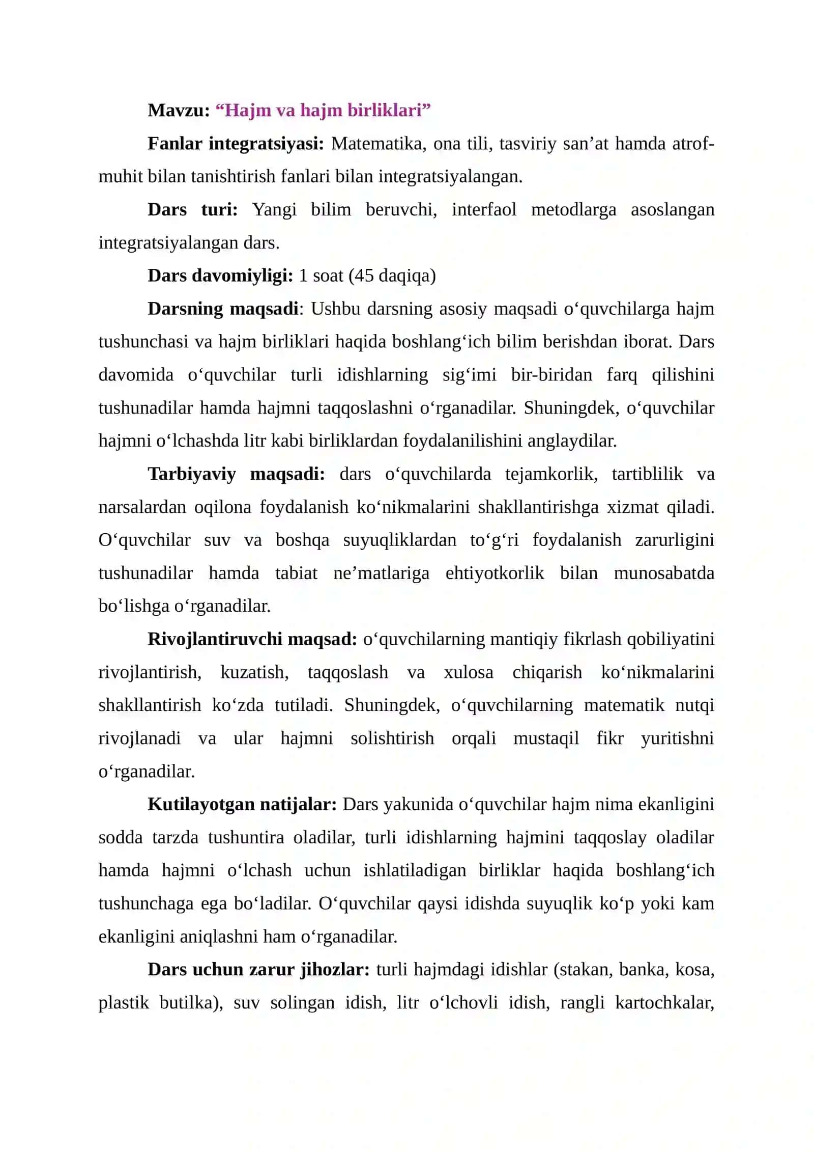Hajm va hajm birliklari (1-sinf matematika) dars ishlanma 2