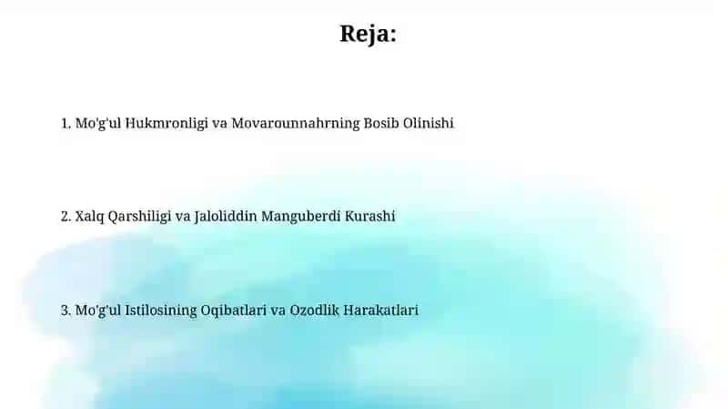 Movaraunnahrda mo’g’ullar hukmronligining o’rnatilishi va bosqinchilarga qarshi ozodlik kurashi 2