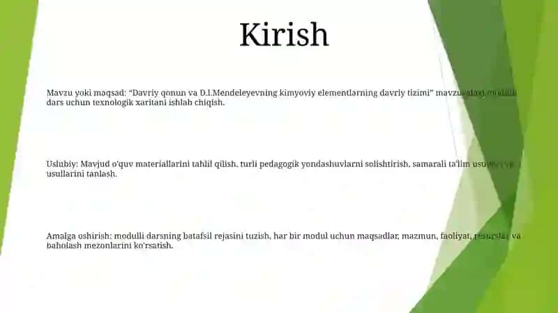 "Davriy Qonun Va D.I.Mendeleevning Kimyoviy Elementlar Davriy Sistemasi" Mavzudagi Modulli Darsning Texnologik Xaritasini Ishlab Chiqish Metodikasi 2
