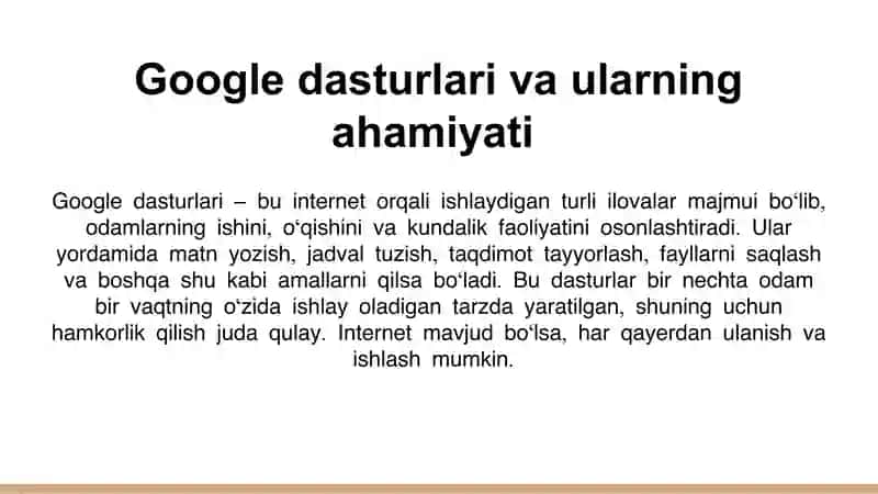 Google qidiruv tizimi va dasturlari haqida taqdimot 2