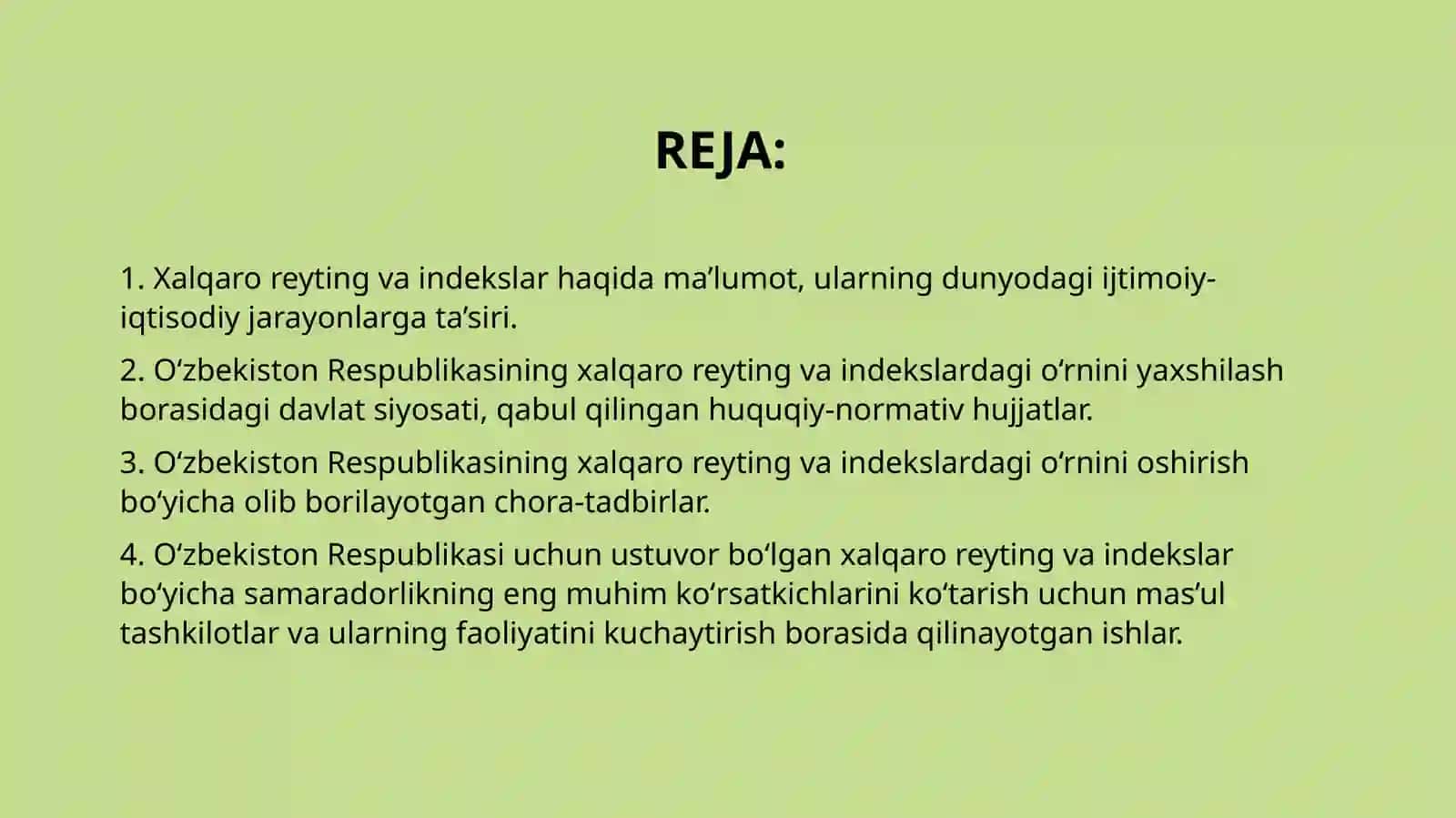 O‘ZBEKISTON RESPUBLIKASINING XALQARO REYTING VA INDEKSLARDAGI O‘RNI VA NUFUZINI ORTIB BORISHI 2