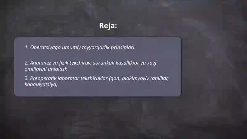 Bemorni xirurgik operatsiyaga tayyorlash 2