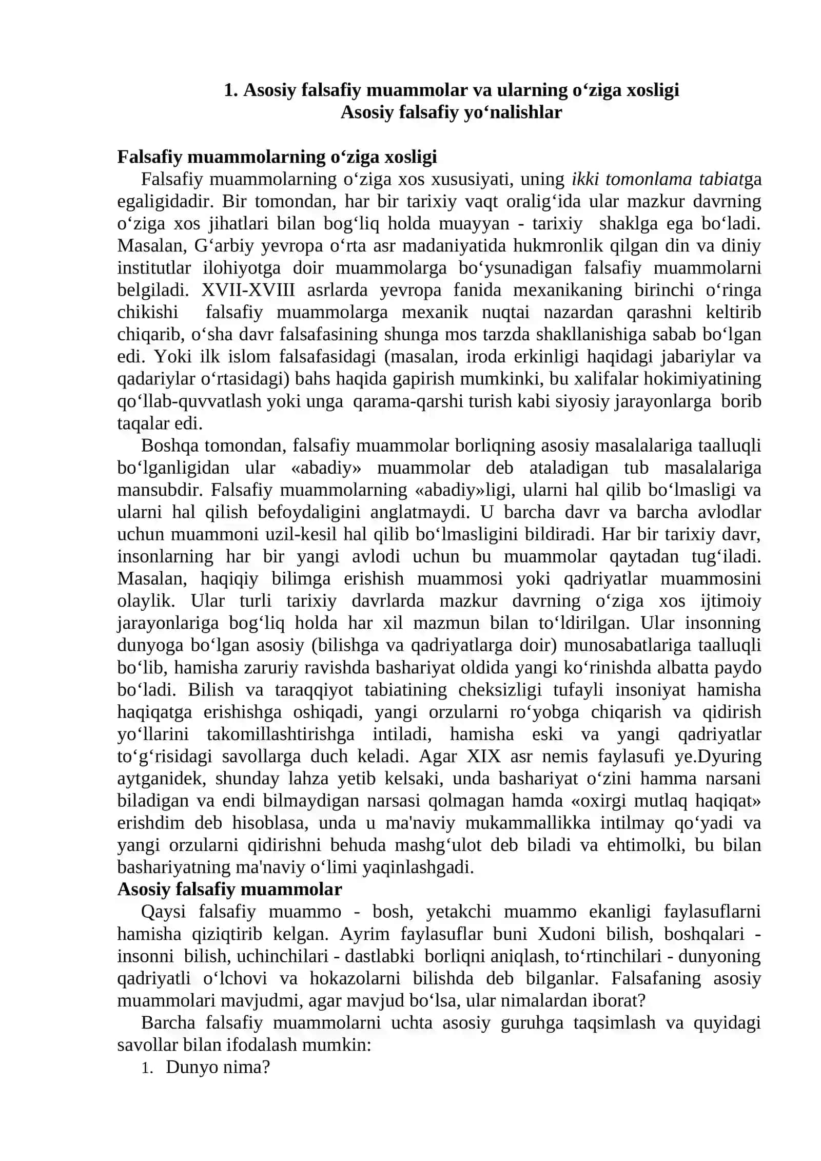FALSAFANING ASOSIY MUAMMOLARI, YO‘NALIShLARI VA USULLARI 2