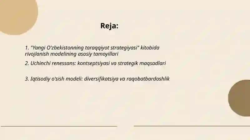 O’zbekiston respublikasi prezidenti SH.M.Mirziyoyevning,,Yangi O’zbekistonning taraqqiyot strategiyasi “ kitobida rivojlanish modeli va,,Uchinchi renessans” 2