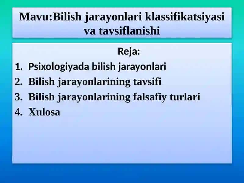 Mavu:Bilish jarayonlari klassifikatsiyasi va tavsiflanishi 2