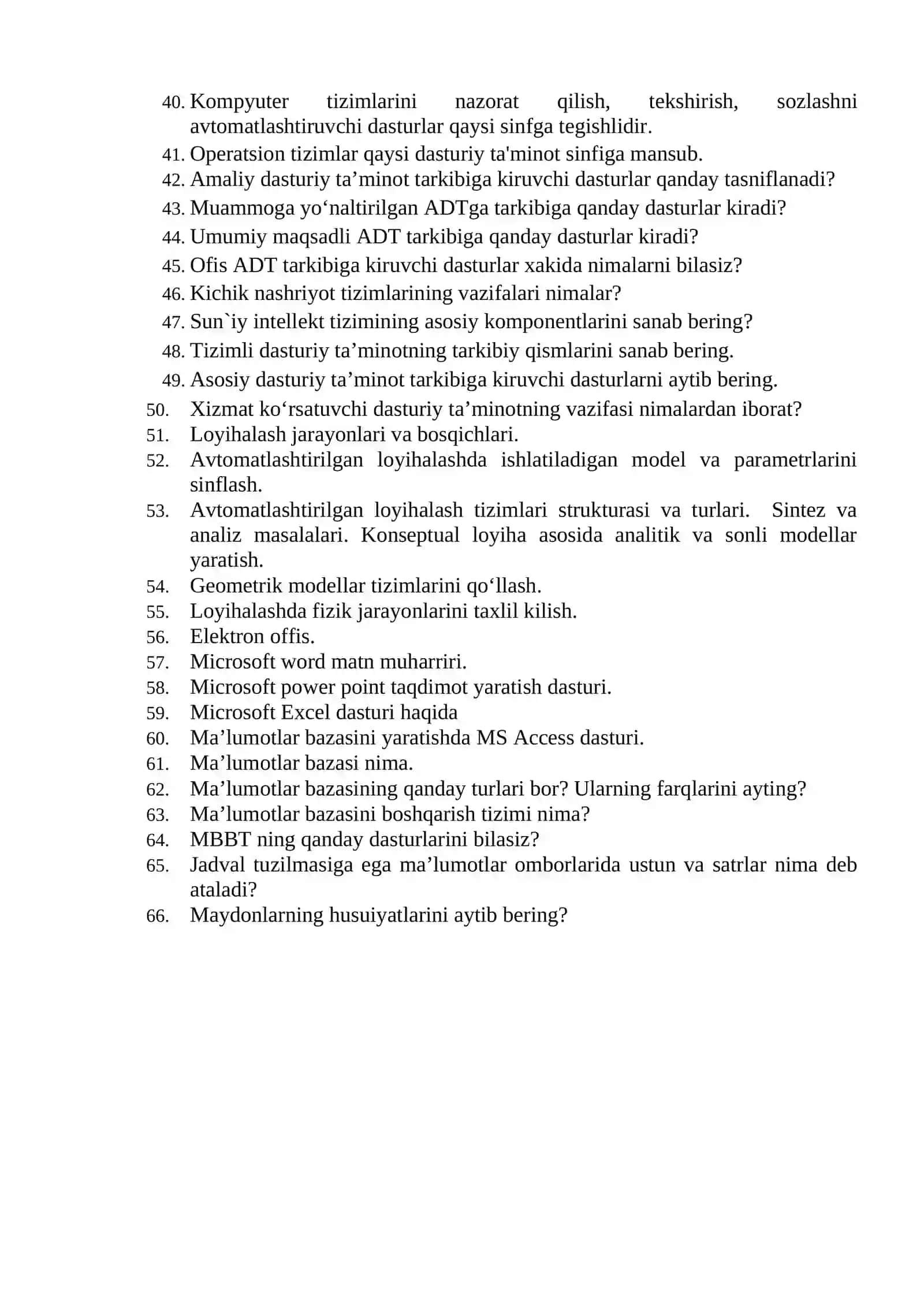 Axborot texnologiyalari fanidan oraliq nazorat savollari 2