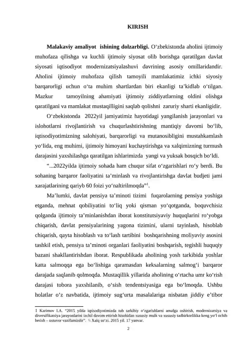 O’ZBEKISTON RESPUBLIKASI PENSIYA TA’MINOTI TIZIMI RIVOJLANISH BOSQICHLARI, YUTUQ VA KAMCHILIKLARI, TAKOMILLASHTIRISH YO’LLARI 2