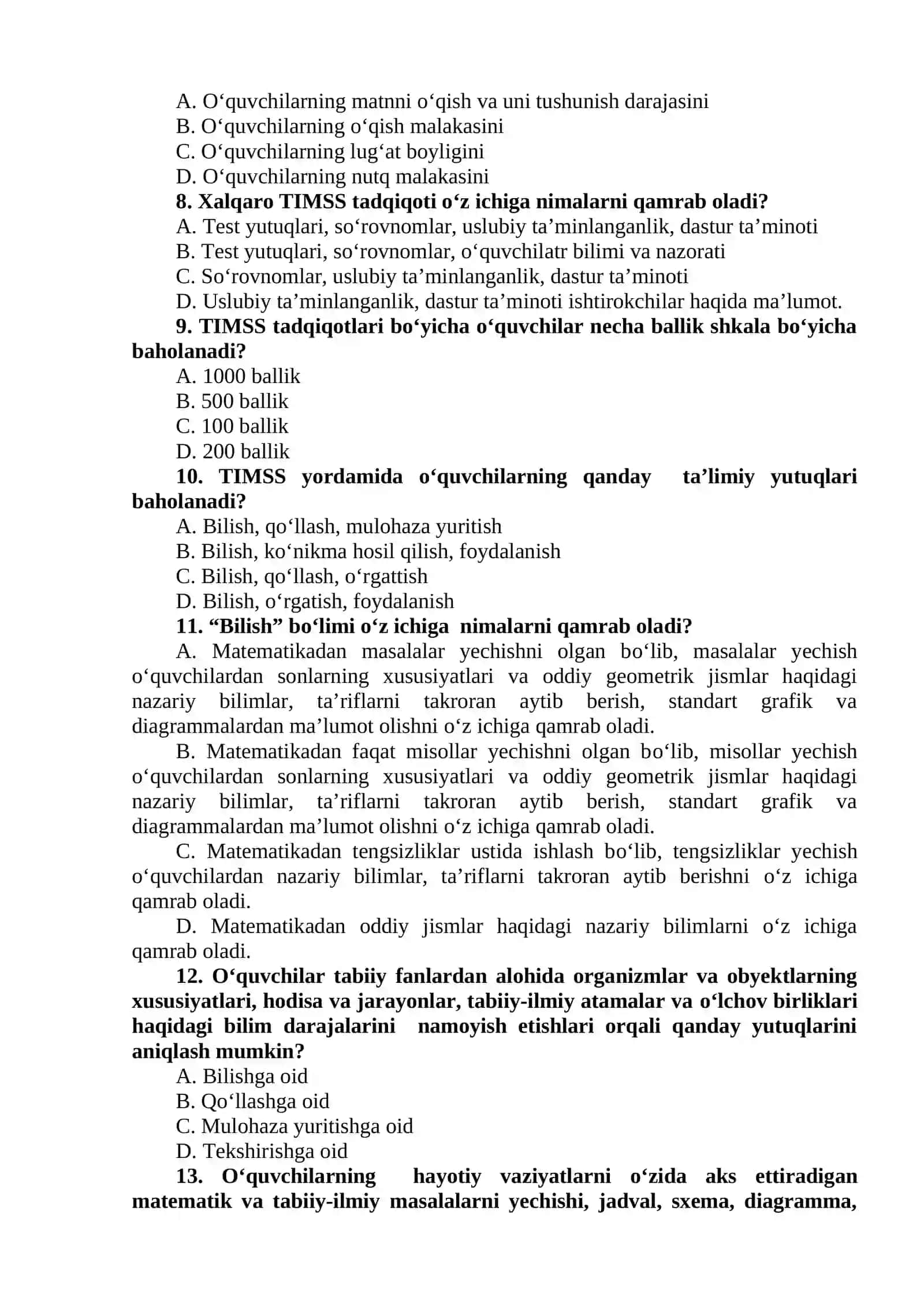 BOSHLANG‘ICH TA’LIMNING XALQARO DASTURLARI FANIDAN 4-KURS BOSHLANG’ICH TA’LIM (SIRTQI) YO‘NALISHI TALABALARI UCHUN YAKUNIY NAZORAT SAVOLLARI 2