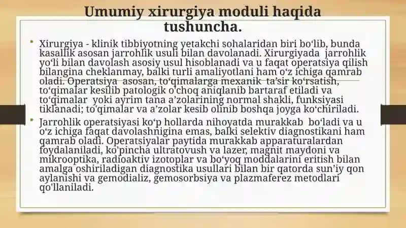 Kirish. “Umumiy xirurgiya” moduli va uning vazifalari. Antiseptika va aseptika tushunchasi. 2