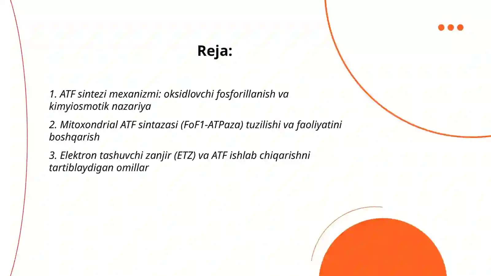 Biokimyo fanidan:ATF sintezi va parchalanishining boshqarilishi 2