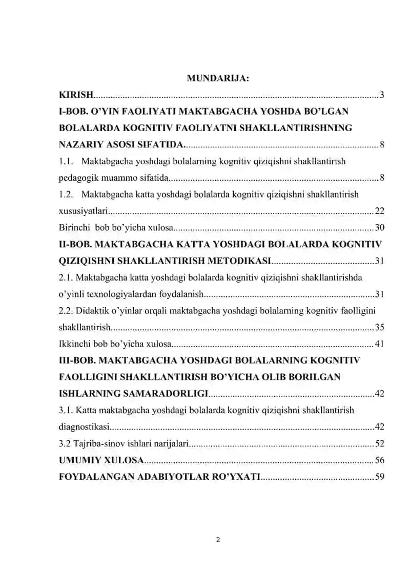 MAKTABGACHA KATTA YOSHDAGI BOLALARDA KOGNITIV QIZIQISHINING SHAKLLANISHI MAVZUSIDA BITIRUV MALAKAVIY ISHI 2