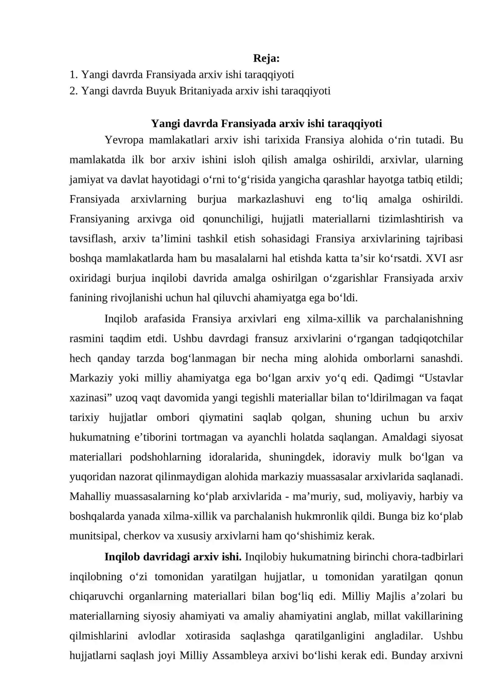 JAHON ARXIVLARI TARIXI fanidan “Yangi davrda Fransiya va Buyuk Britaniyada arxiv ishi taraqqiyoti” mavzusidagi referat MUSTAQIL ISHI 2