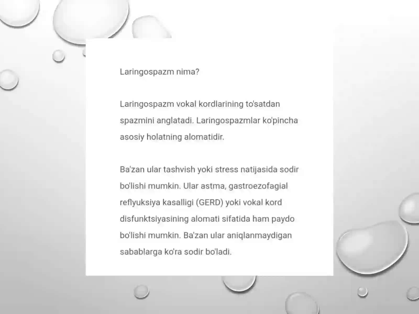 Laringospazm.  Kasalxonagacha tez tibbiy yordam ko'rsatish algoritimi. 2