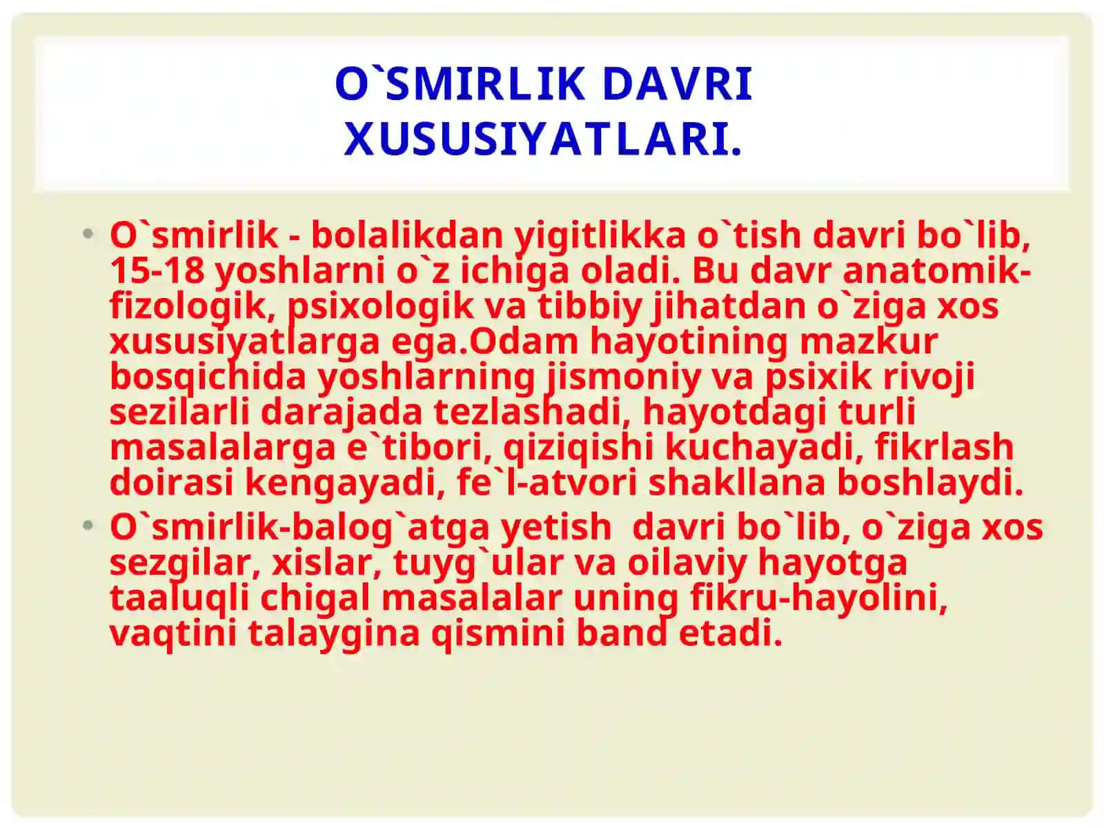 BALOG'AT YOSHI HAQIDA RUHIY JISMONIY VA JINSIY RIVOJLANISH DAVRI. YOSHLARDA JINSIY TARBIYA VA MADANIYATNI SHAKLLANTIRISH 2