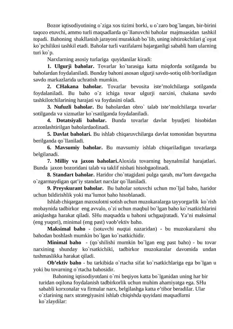 9-mavzu. Korxona maxsulotlariga narxni shakllanishi 2