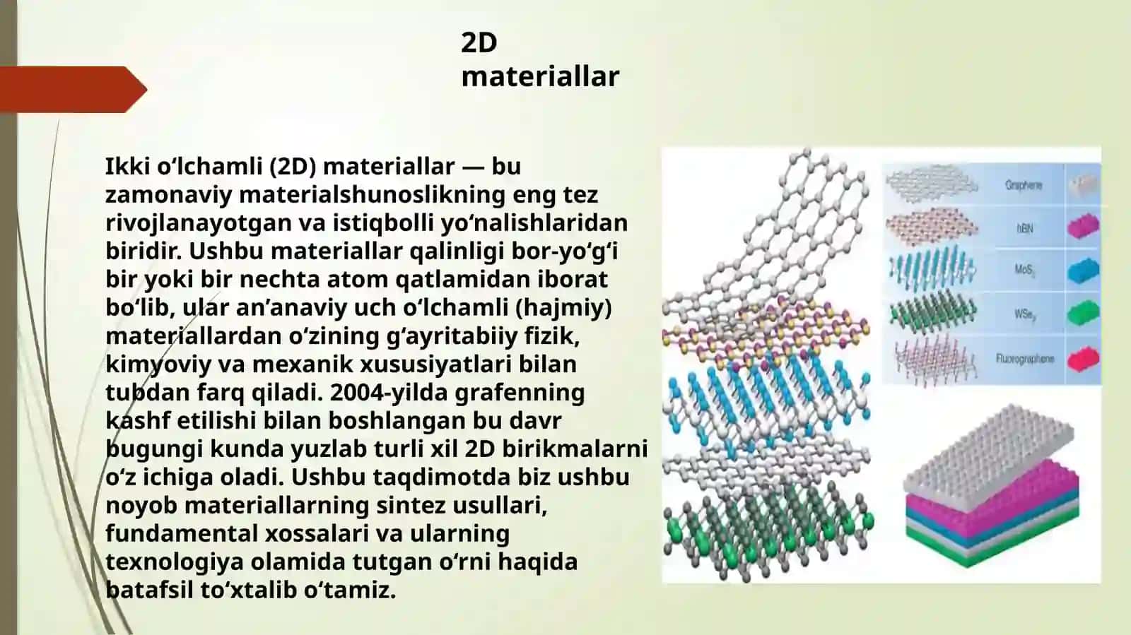 2D materiallar(grafen, MoS4, va boshqalar) sintez qilish xossalari qo’llanishi 2