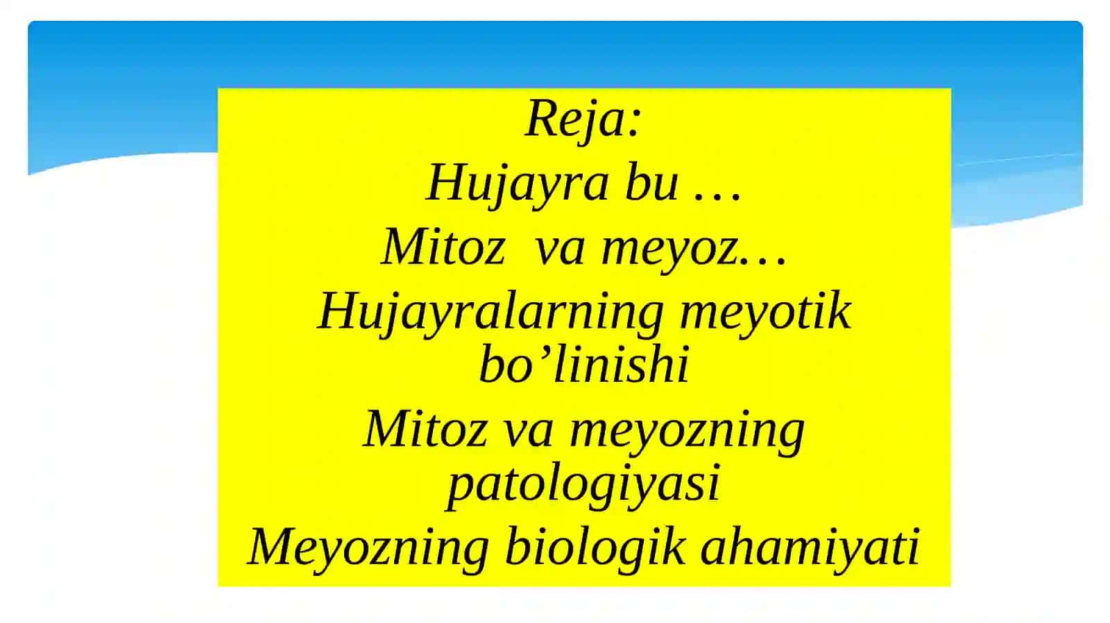 Safaraliyeva Mehriboning Tibbiy biologiyafanidan Hujayra ning meyotik bo‘linishi. Mitoz va meyozning patologiyasi. Meyozning biologikahamiyati 2