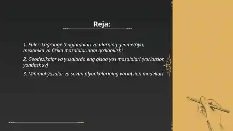 Ekstremmumlar nazariyasining geometriya, mexanika va fizika masalalariga tadbiqlari 2