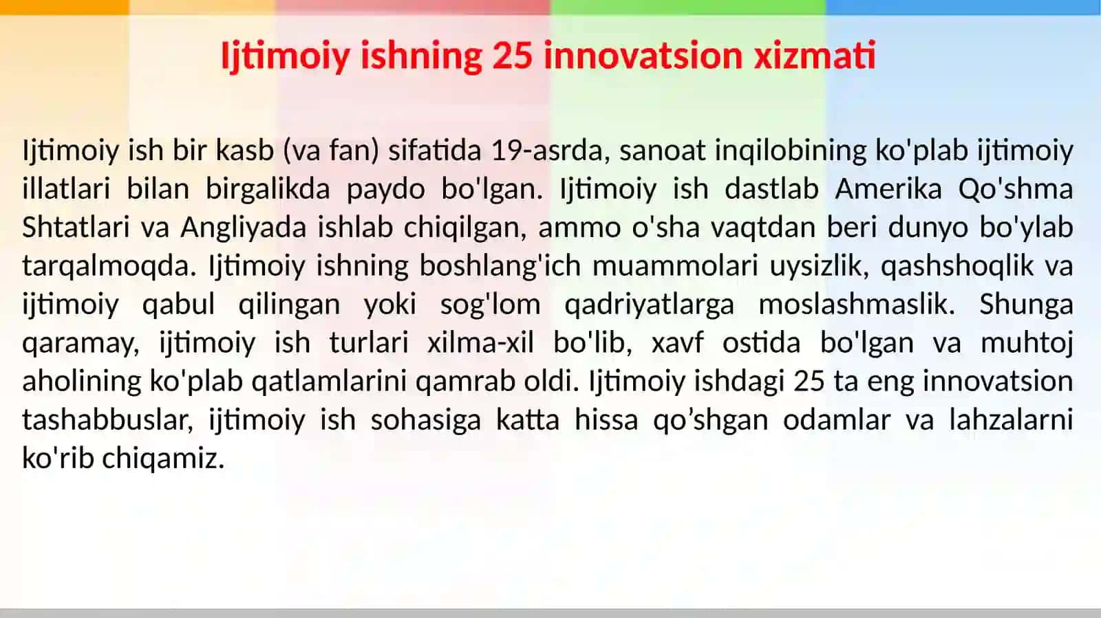 Ijtimoiy ishning 25 innovatsion xizmati 2