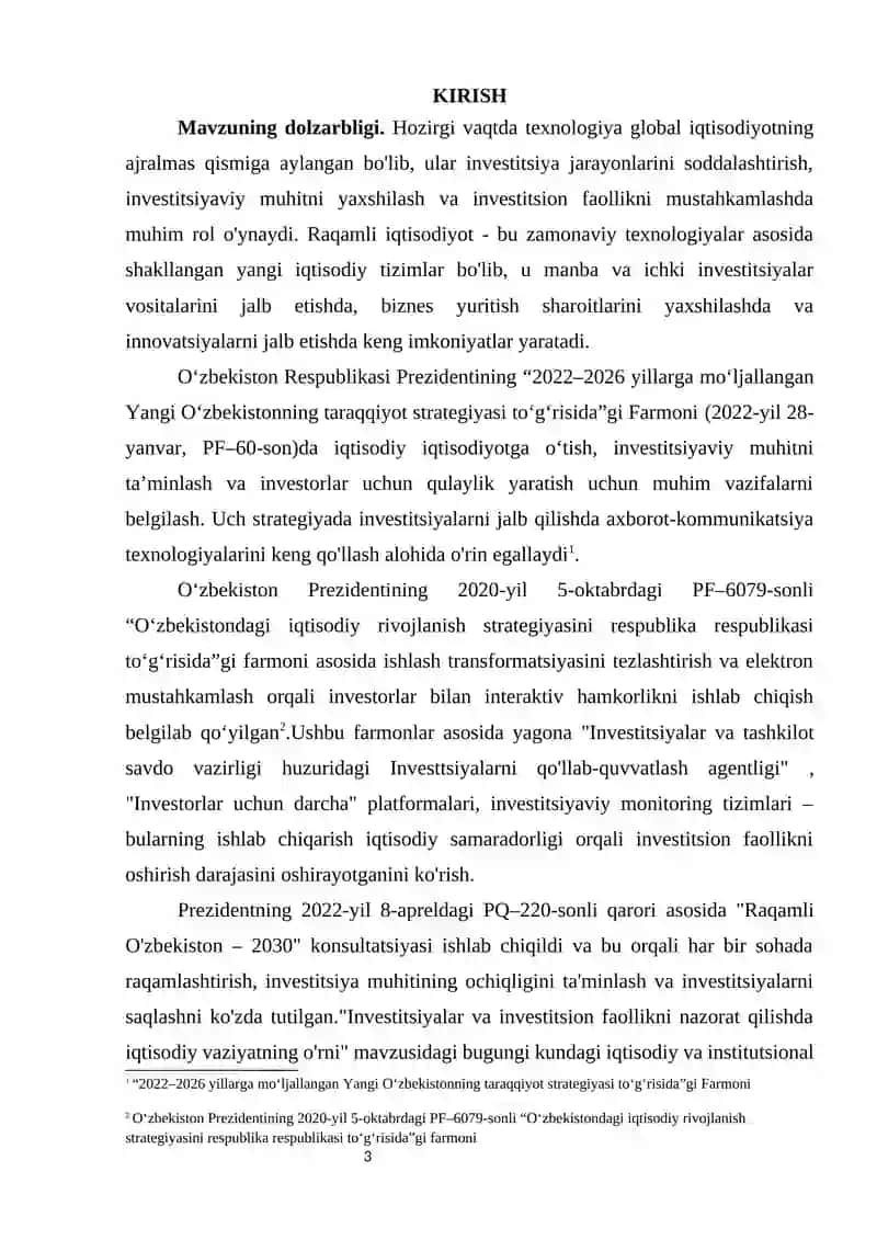 Investitsiyalar va investitsion faollikni oshirishda raqamli iqtisodiyotining 2