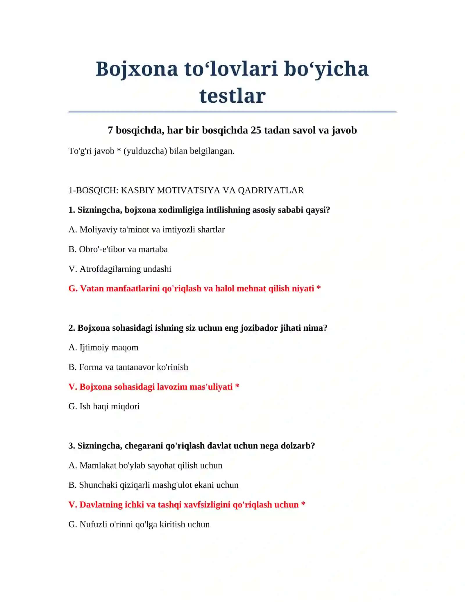 Bojxona to‘lovlari bo‘yicha testlar 2