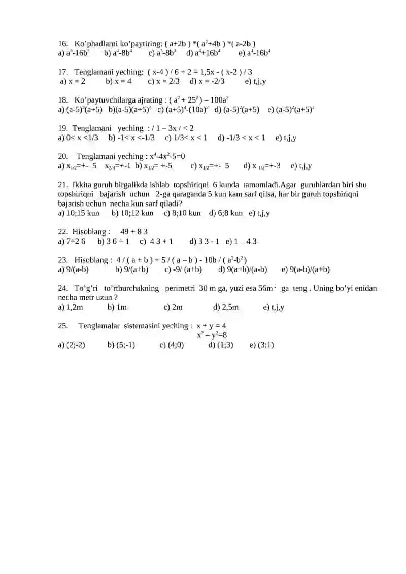 9- sinf uchun matematika fanidan test savollari 2