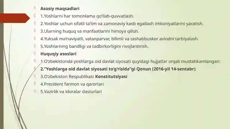 O`zbekistonda yoshlarga oid davlat siyosati va asosiy mazmuni.Barkamol avlod tarbiyalashning asosiy yo`nalishlari 2