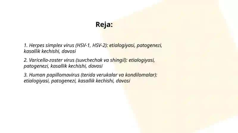Terida virusli kasalliklarida, soʻgal, etialogiyasi,patagenezi, kasallik kechishi, davosi 2