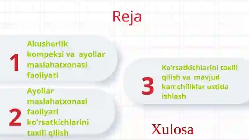 Akusherlik kompeksi va  ayollar maslahatxonasi  faoliyati koʻrsatkichlarini taxlil qilish 2