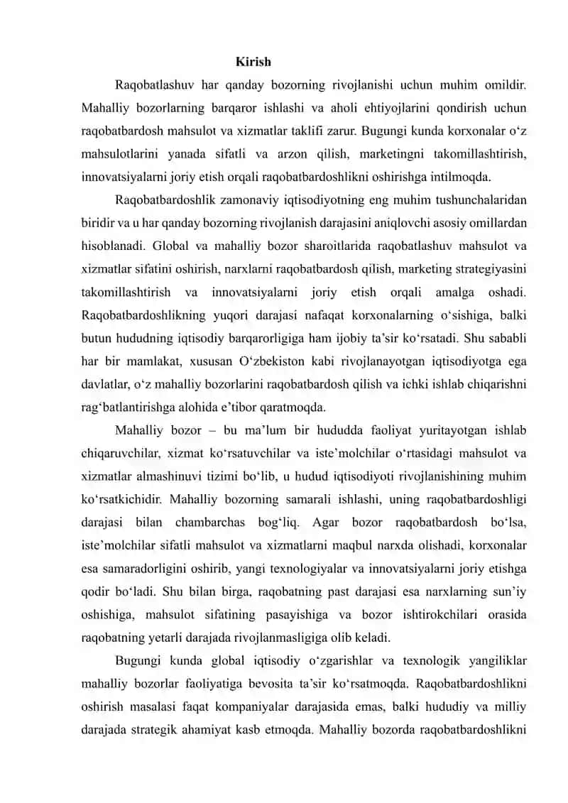 “MAHALLIY BOZORIDA RAQOBATBARDOSHLIKNI OSHIRISH YO‘LLARINI TAHLIL QILISH VA YECHIMLAR ISHLAB CHIQISH” 2