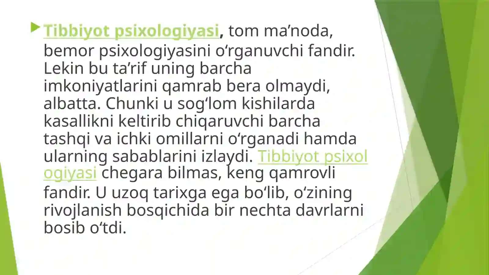 Tibbiy psixologiya fani. Uning maqsadi va vazifalari, tarixi. Miyaning ruhiy jarayonlar. Kasalliklarning psixologik strukturasi 2