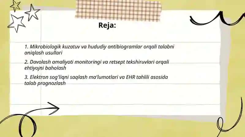 Keng spektrli, me‘yori cheklangan maxsus ta‘sirga ega guruh dori vositalariga bo'lgan ehtiyojni aniqlash usullari 2