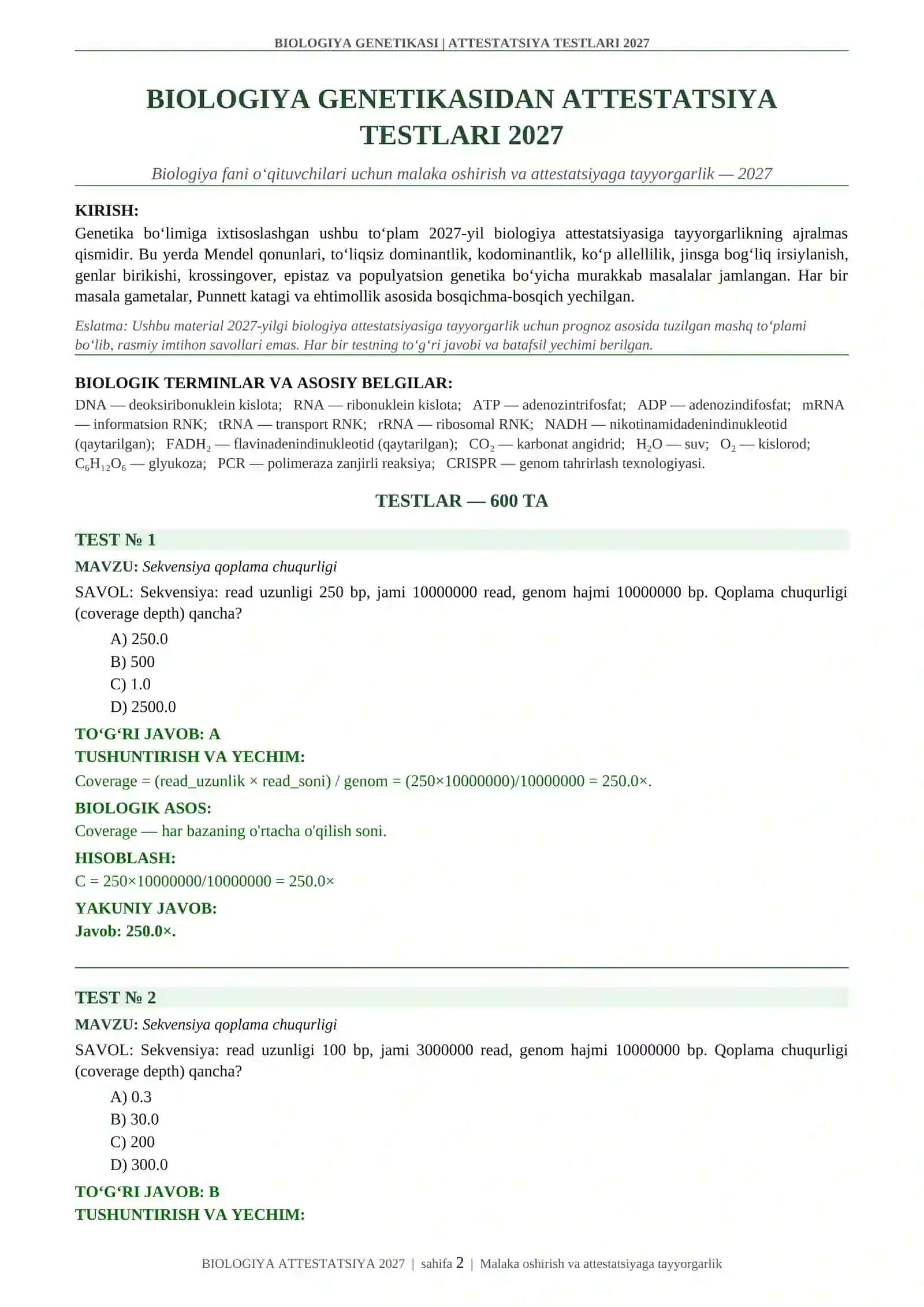 BIOLOGIYA GENETIKASI | ATTESTATSIYA TESTLARI 2027 2