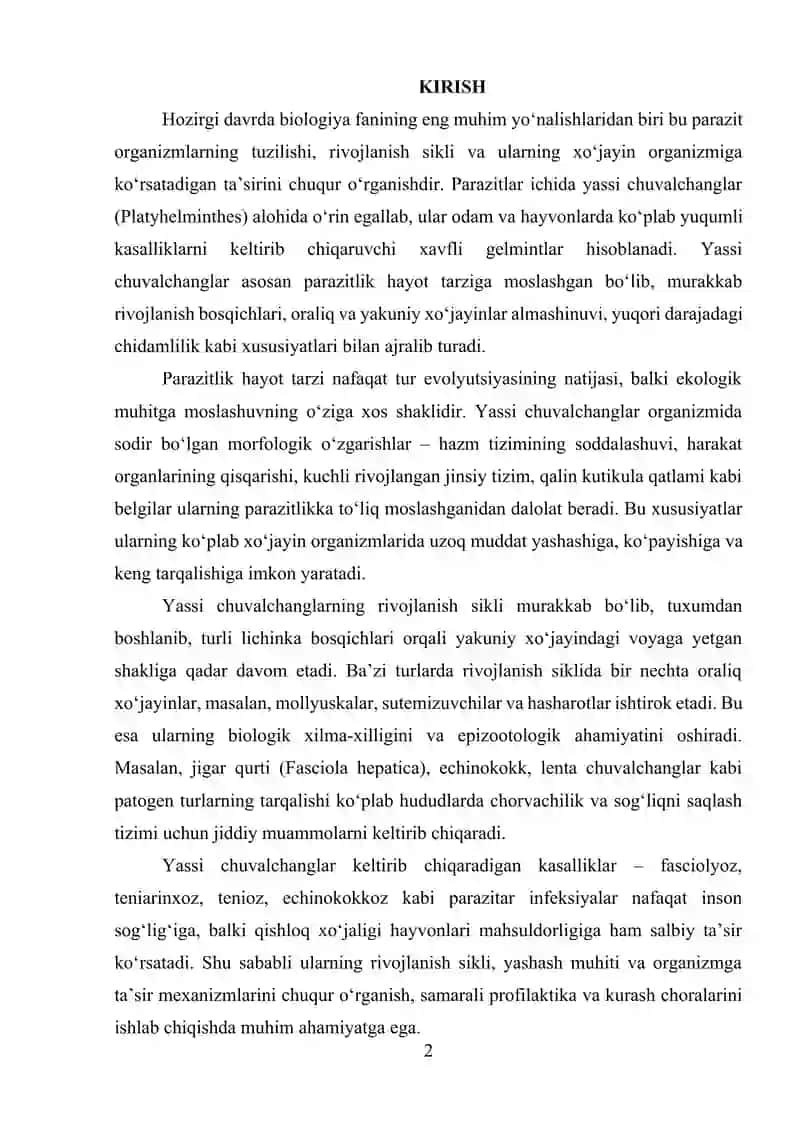 Yassi chuvalchanglarning rivojlanish sikli – parazitlik hayot mahsuli 2