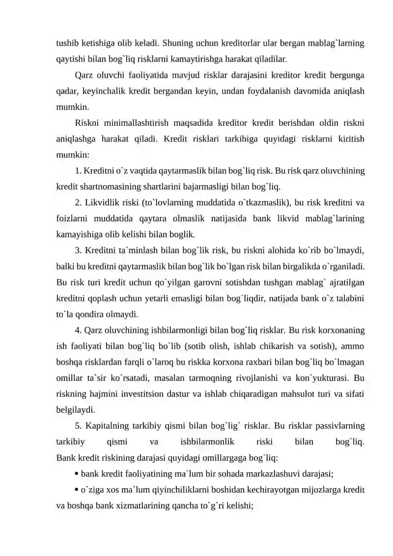 KREDIT RISKINI YUZAGA KELTIRUVCHI OMILLAR, KREDIT TAHLIL QILISH VA BAHOLASH 2