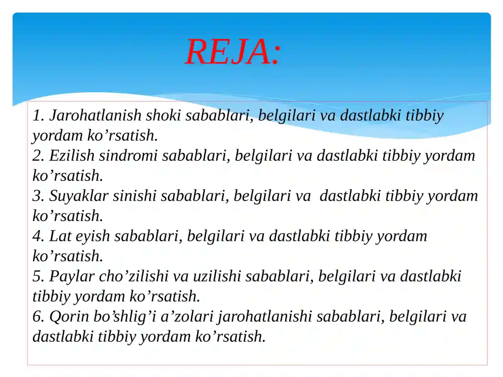 Jarohatlanish shoki, ezilish sindromi va suyaklarning dastlab kitibbiy yordam ko'rsatish 2