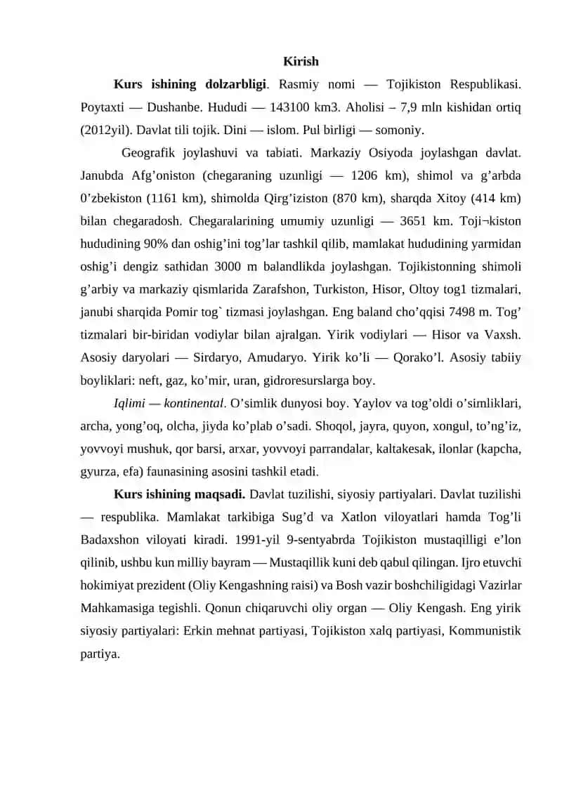 TOJIKISTON RESPUBLIKASINING GEOGRAFIK O`RNI, TABIIY SHAROITI VA TABIIY RESURSLARI 2