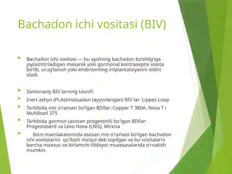 Bachadon ichi vositasi va to‘siq usullari. 2