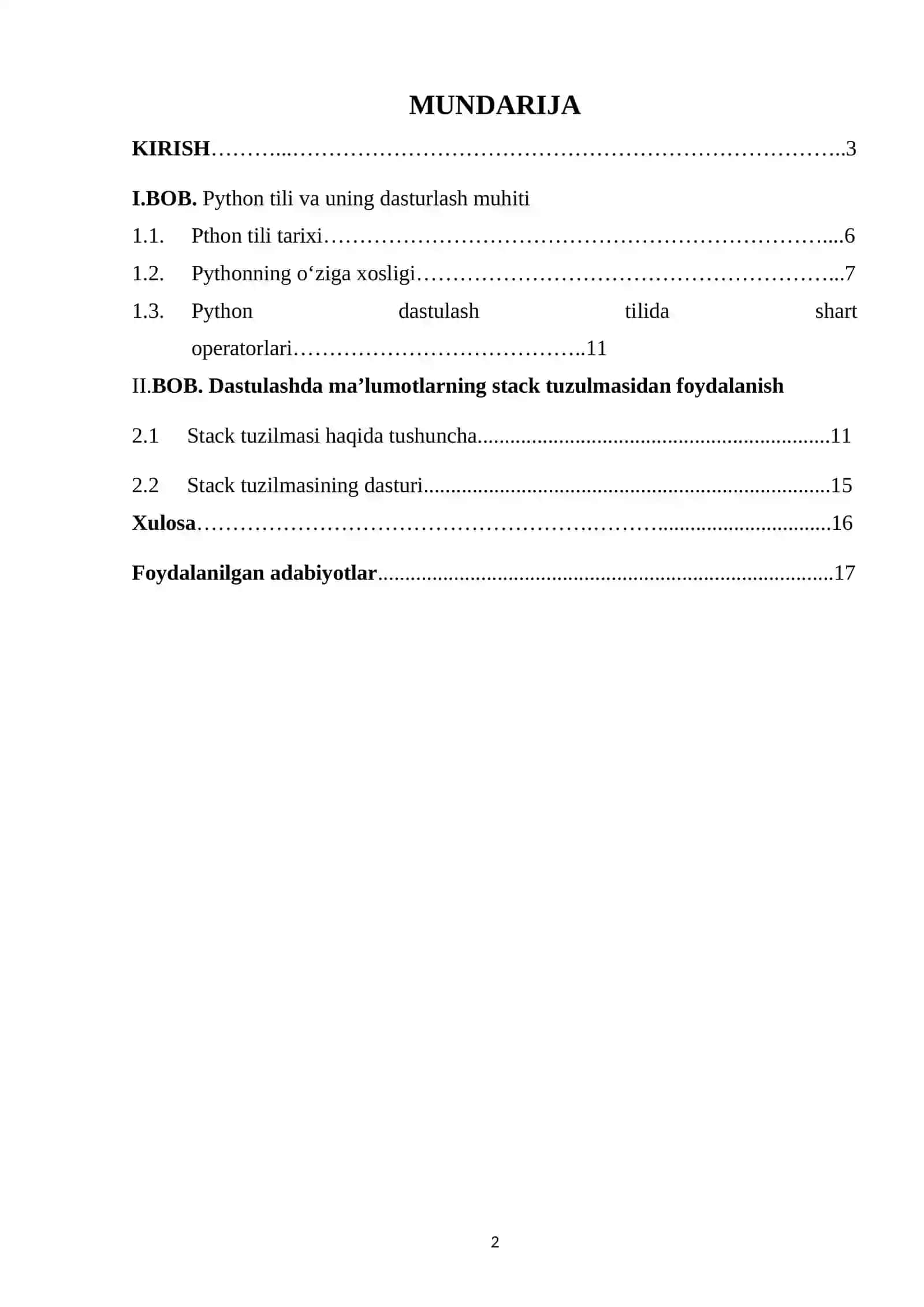 "DASTULASHDA MA’LUMOTLARNING STACK TUZULMASIDAN FOYDALANISH" MAVZUSIDA KURS ISHI 2