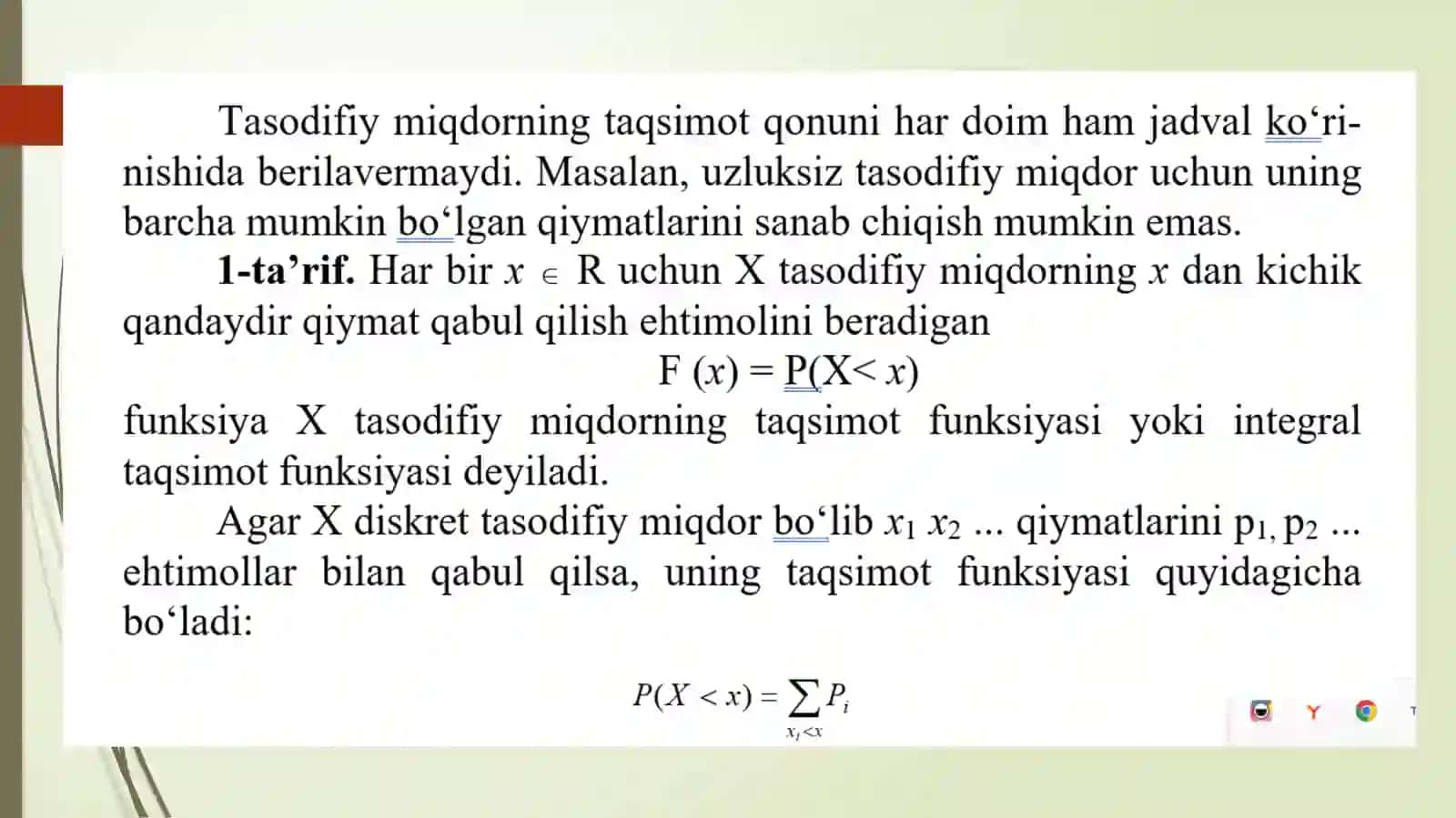 Uzluksiz tasodifiy miqdorning taqsimot va zichlik funksiyalari 2