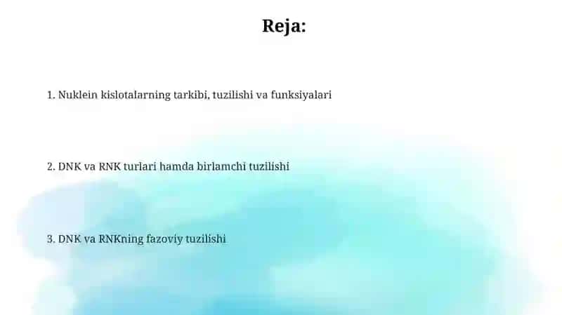 Nuklein kislotalar va ularning fazoviy birlamchi tuzilishi. Dnk va Rnk turlari 2