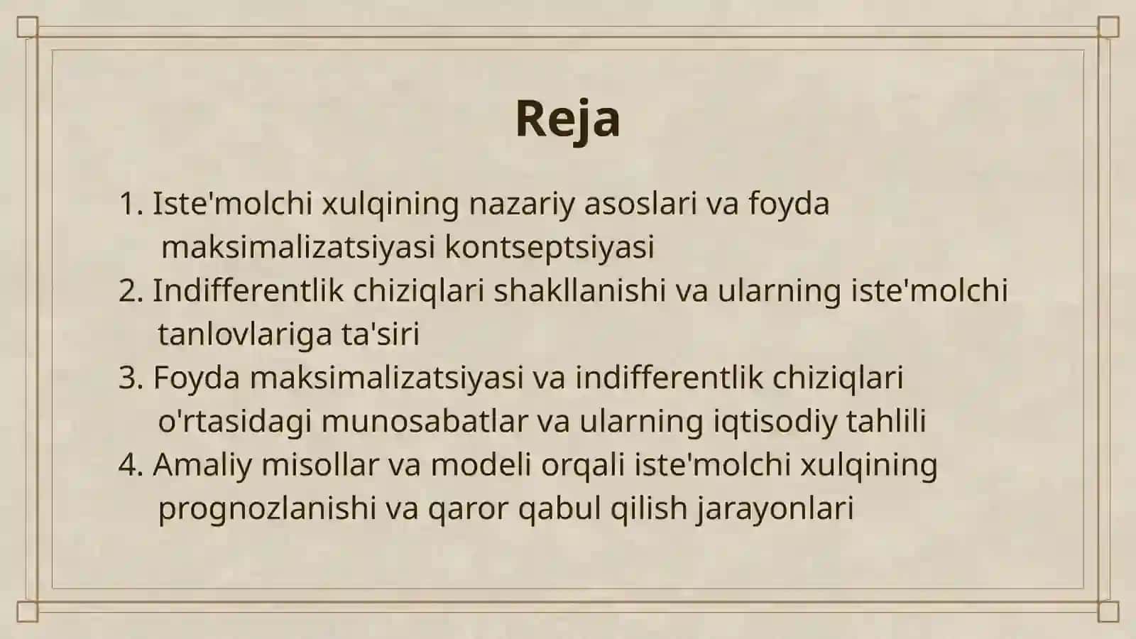ISTE'MOLCHI XULQI: FOYDA MAKSIMALIZATSIYASI VA INDIFFERENTLIK CHIZIQLARI 2